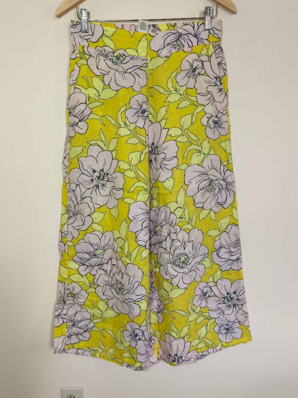 C & C California 100% Linen Floral Wide Leg Pull On Pants sz M Pink Yellow Beach